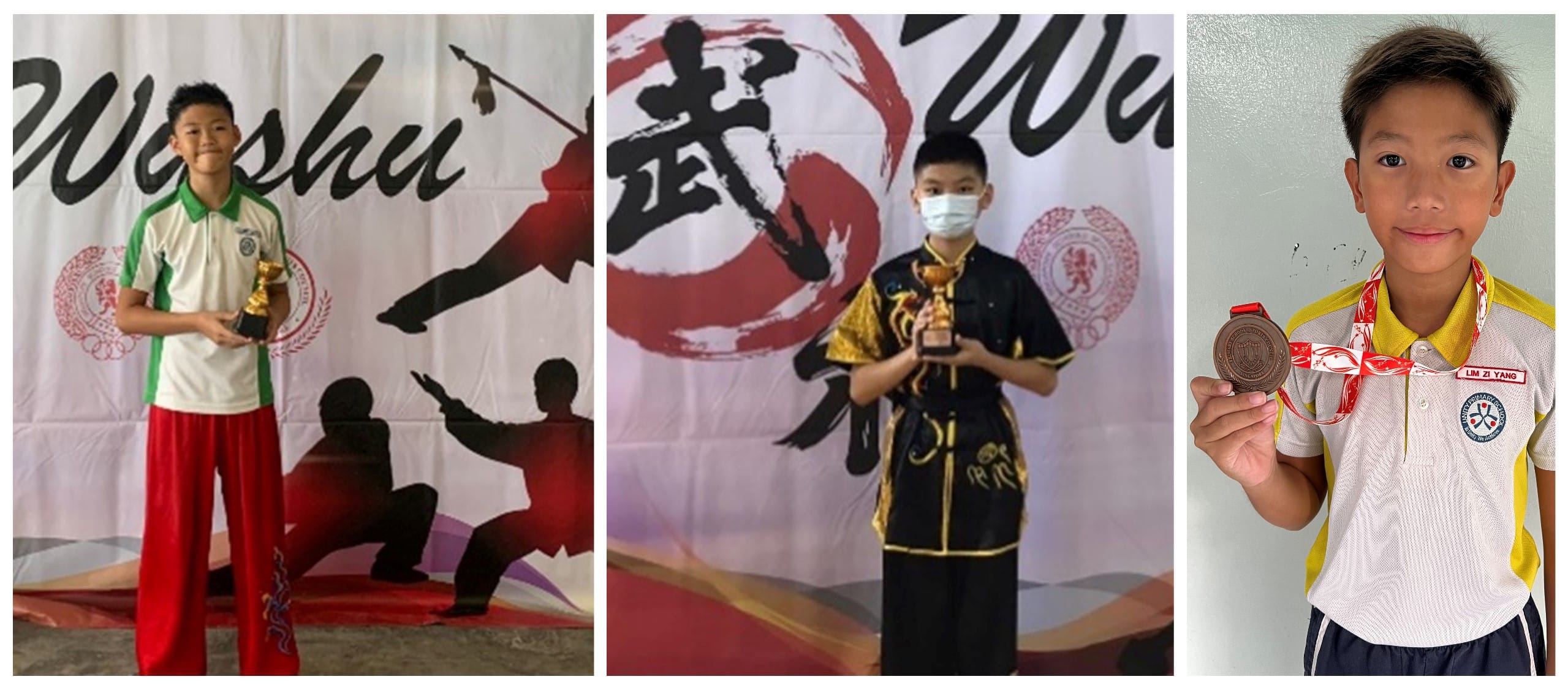 Three young boys pose at a Wushu competition, two holding trophies and one displaying a bronze medal.